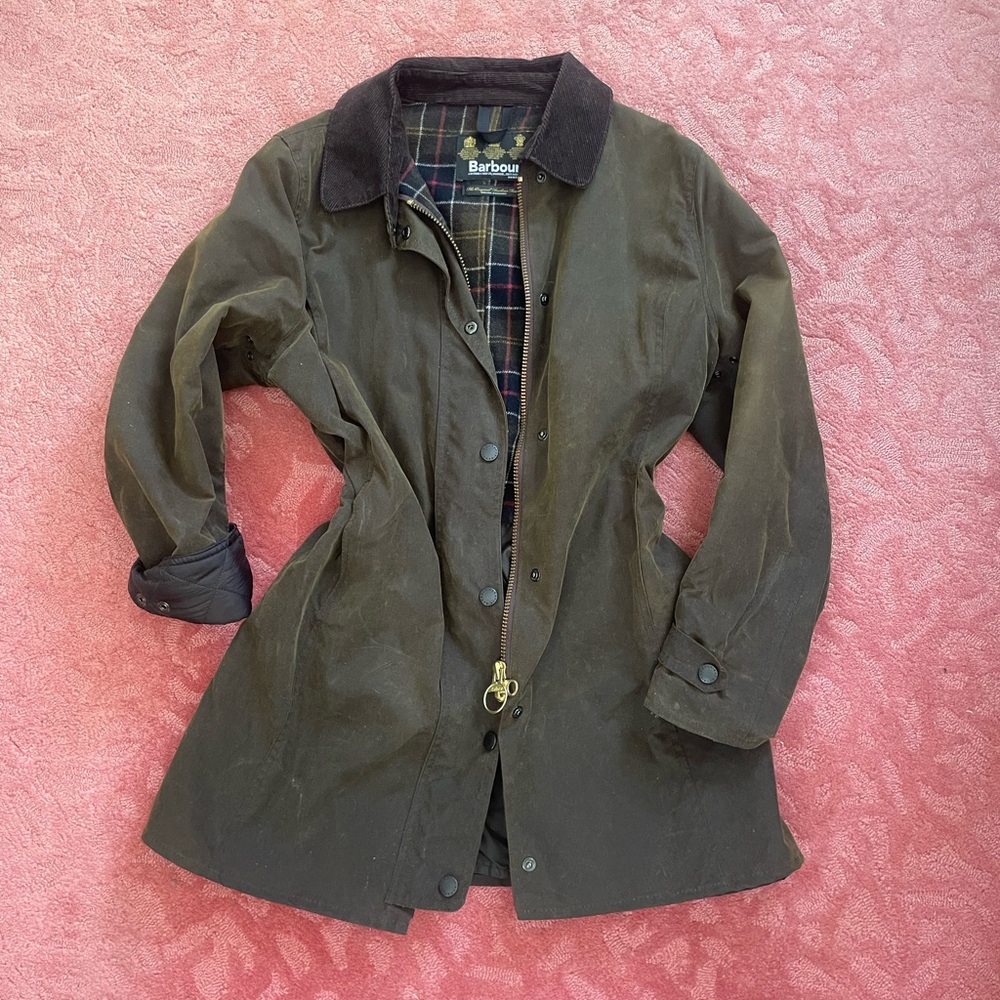 Barbour Olive Green Waxed Cotton Trench Coat with Corduroy Collar